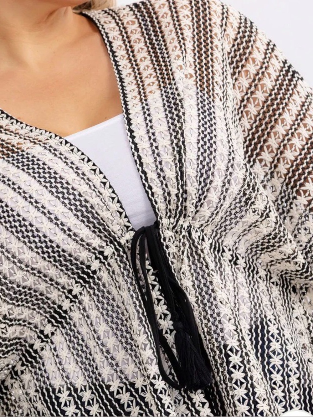 0246. Boho Tie-Front Crochet Kimono in Cream and Tan - Picture 4 of 5